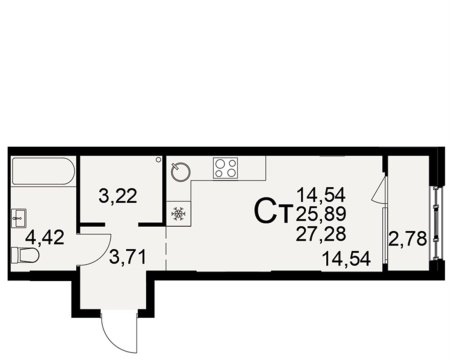 Студия, 2/22 эт., 28м²